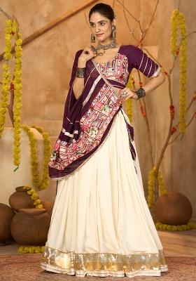 Off White Embroidererd Crepe Chaniya Choli Set For Navratri And Garba for Diwali | Wedding & Festive Wear