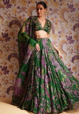 Green Embroidered Silk Lehenga Set for Diwali and Festive Wear