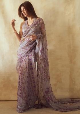 Purple Solid Silk Blend Saree Set for Diwali | Wedding & Festive Wear