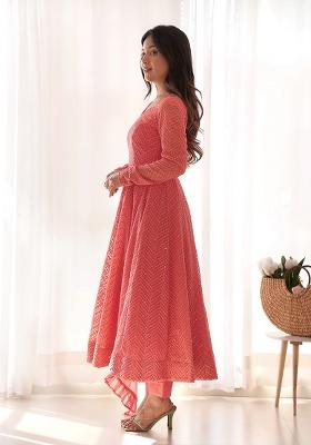 Peach Chikankari Georgette Anarkali With Dupatta