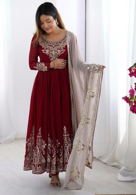 Red Embroidered Blended Anarkali Set