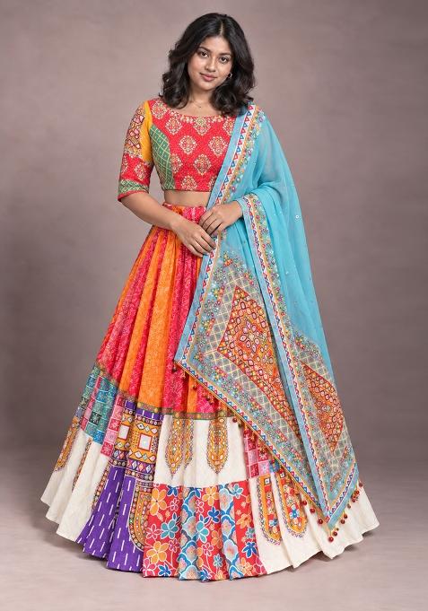 Multicolor Printed Silk Blend Chaniya Choli Set For Navratri And Garba for Diwali | Wedding & Festive Wear