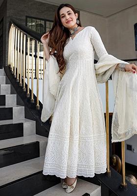 White Chikankari Cotton Anarkali With Dupatta