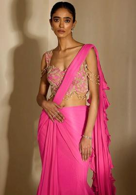 Pink Handwork Pre Draped Saree Set