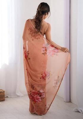 Peach Silk Blend Saree Set with Embroidery for Diwali | Wedding & Festive Wear