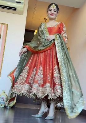 Orange Embroidered Silk Blend Anarkali Set