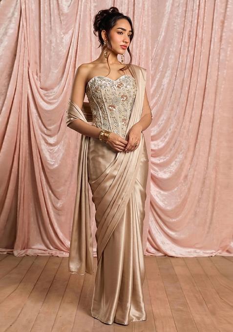 Soft Beige Embroidered Georgette Corset Blouse Pre Draped Saree Set