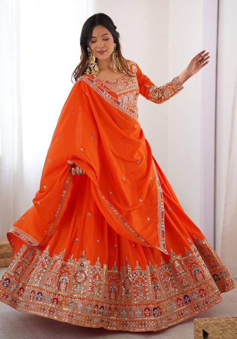 Orange With Dupatta Silk Blend Lehenga Set with Embroidered for Diwali | Wedding & Festive Wear