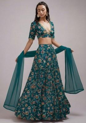 Dreamy Teal Blue Floral Print Crepe Mother Daughter Lehenga Set | Twin In Royal Style