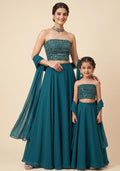 Royal Teal Blue Sequin Georgette Mother Daughter Lehenga Set | Twin In Royal Style