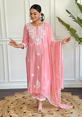 Peach Chikankari Cotton Straight Kurta Set