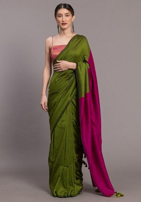 Green Weaving Khadi Cotton Saree Set for Diwali and Festive Wear