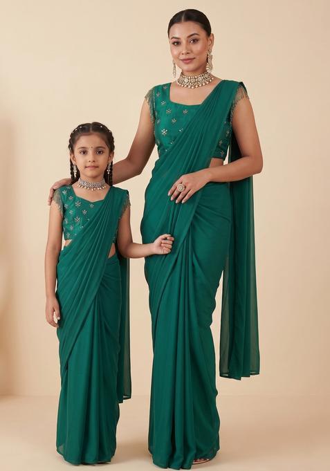 Stunning Light Green Hand Work Embellished Georgette Mother Daughter Pre-Draped Saree Set