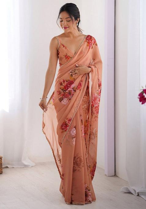 Peach Silk Blend Saree Set with Embroidery for Diwali | Wedding & Festive Wear