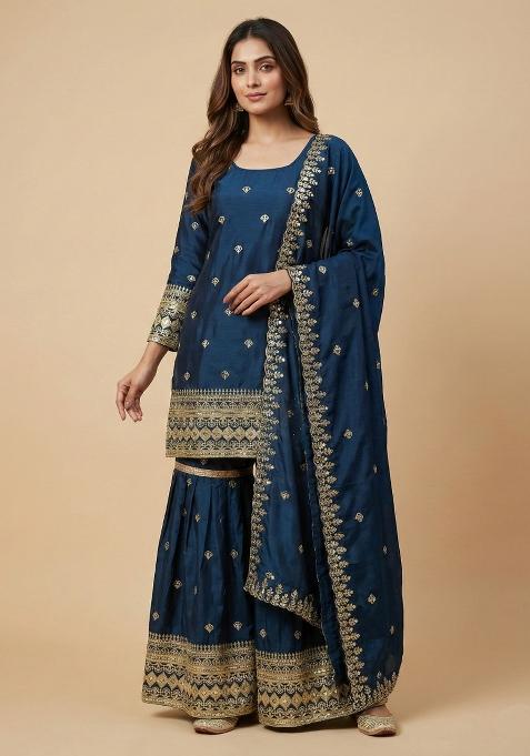Teal Embroidered Chinon Sharara Set