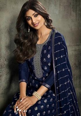 Blue Jacquard Jacquard Straight Kurta Set