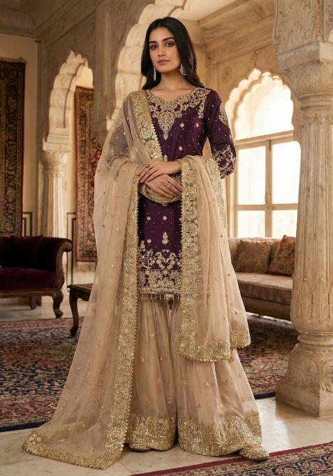 Wine Beige Embroidered Silk Blend Kurta Set