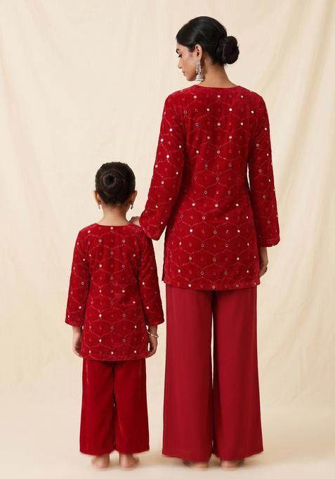 Charming Red Sequin Work Georgette Pakistani Suit Set Mother Daughter Sharara Set | Twirl Together
