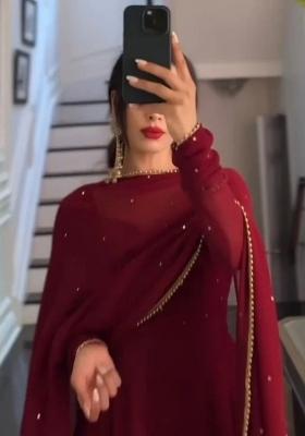 Maroon Embellished Georgette Anarkali With Dupatta