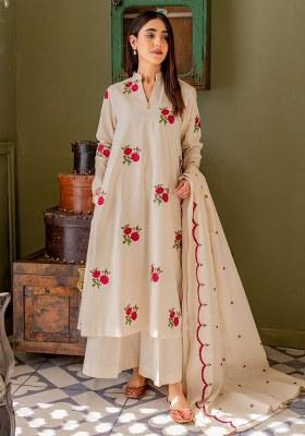White Embroidered Cotton Pakistani Suit Set