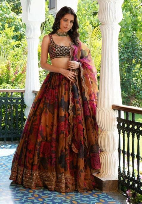 Red Embroidered Georgette Lehenga Set With Dupatta for Diwali and Festive Wear