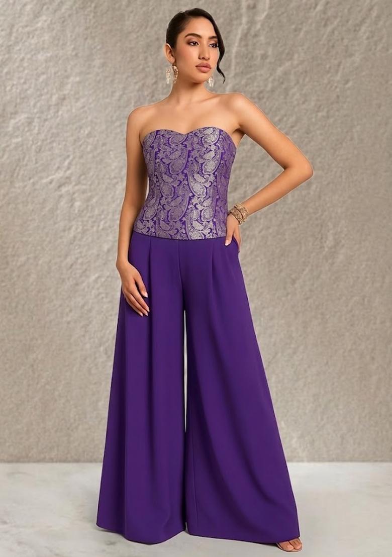 Purple Brocade Corset Blouse Fusion Set for Diwali | Wedding & Festive Wear