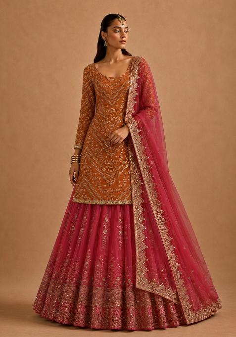Orange With Dupatta Georgette Lehenga Set with Embroidery for Diwali | Wedding & Festive Wear