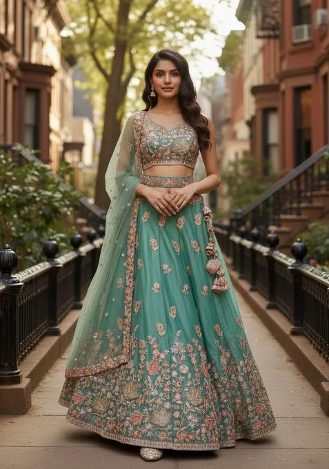 Sea Green Sequence Work Fendy Silk Blend Lehenga Set with Embroidery for Diwali | Wedding & Festive Wear