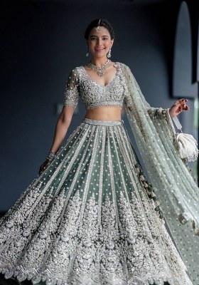 Rama Green Work Net Lehenga Set with Sequin for Diwali | Wedding & Festive Wear