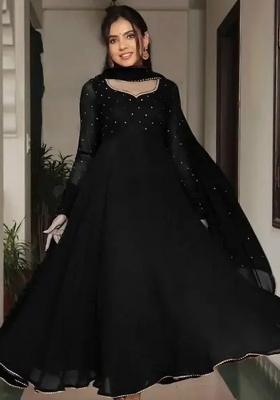 Black Embellished Georgette Anarkali With Dupatta