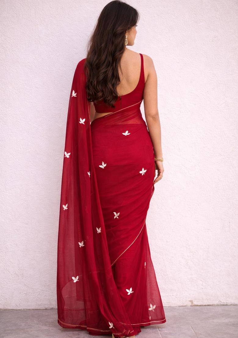 Red Handwork Georgette Saree Set for Diwali and Festive Wear
