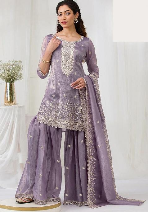 Lavender Embroidered Gold Crush Sharara Set