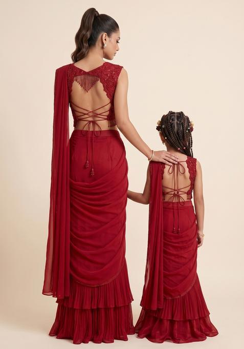 Graceful Red Crepe Handwork Mother Daughter Pre-Draped Saree Set | Drape, Dazzle, Twin