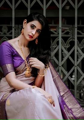 Purple Jacquard Banarasi Silk Blend Saree Set for Diwali and Festive Wear
