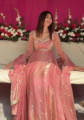 Peach Embroidered Silk Blend Anarkali Set