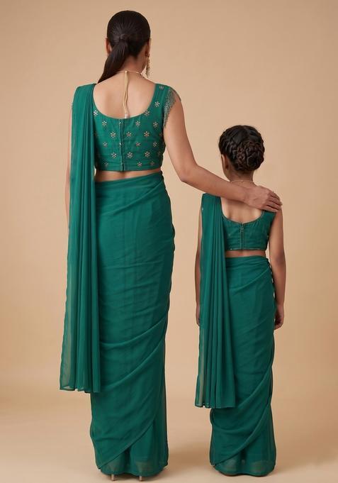 Stunning Light Green Hand Work Embellished Georgette Mother Daughter Pre-Draped Saree Set