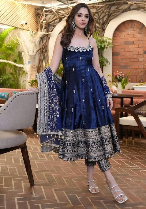 Navy Blue Embroidered Vichitra Anarkali Set