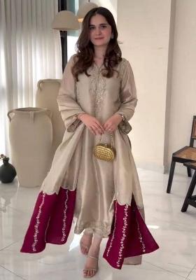 Brown Embroidered Georgette A-Line Kurta Set