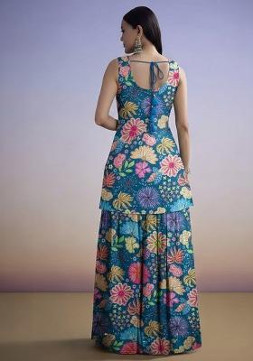 Teal Blue Floral Print Chinon Sharara Set