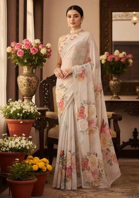 Off-White Printed Georgette Saree for Diwali and Festive Wear