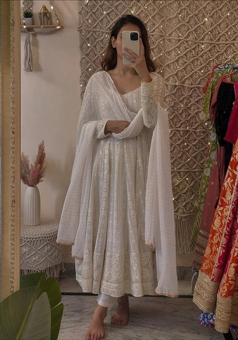 Off White Chikankari Blended Anarkali Set