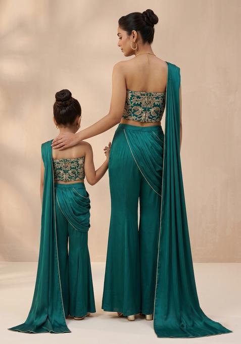 Enchanting Teal Green Hand Work Chinon Mother Daughter Lehenga Set | Twin In Royal Style
