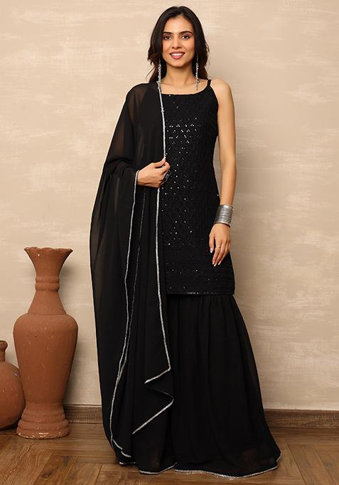 Black Embroidered Georgette Sharara Set