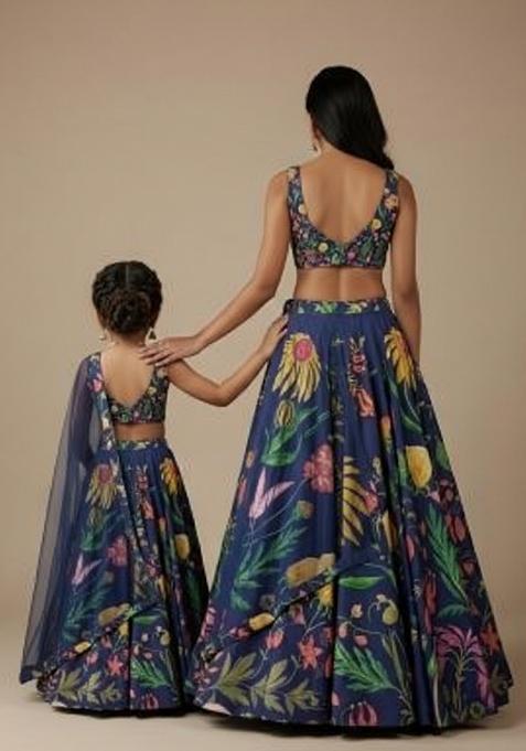 Royal Navy Blue Floral Print Satin Mother Daughter Lehenga Set | Twin In Royal Style