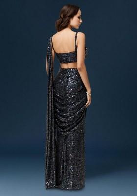 Deep Blue Sequin Net Pre Draped Saree Set for Diwali and Festive Wear