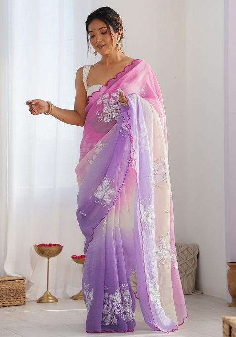 Pink Lavender Embroidery Silk Blend Saree Set for Diwali and Festive Wear