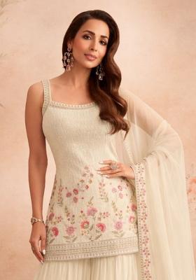 Beige Embroidery Georgette Sharara Set