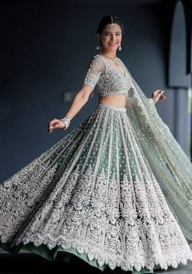 Rama Green Work Net Lehenga Set with Sequin for Diwali | Wedding & Festive Wear
