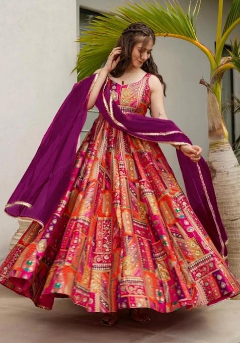 Multicolor Printed Silk Blend Anarkali With Dupatta