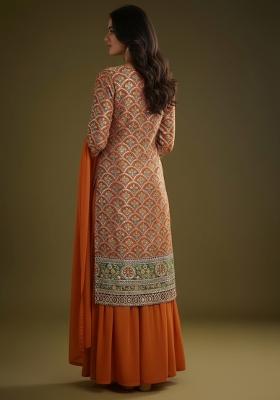 Orange Embroidered Crepe Sharara Set